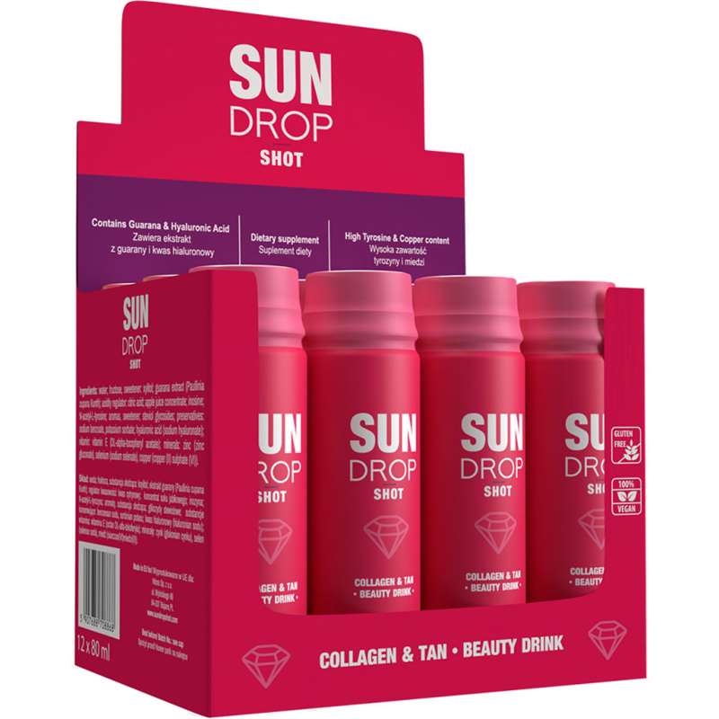 Sun Drop Collagen&Tan напитка за тен и красота, напитка за преди солариум, кутия 12 броя х 80 ml