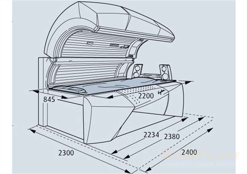 Солариум Ergoline Esprit 770-S Dynamic Power, размери на солариум и кабина