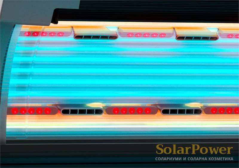 megaSun P9 е с 70 мощни бустера за лице, деколте, тяло и бедра излъчващи Червена светлина за подмладяване