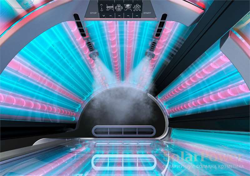 Солариум megaSun P9 е с Аква освежаваща водна мъгла и Арома за свеж аромат по време на тен сесиите