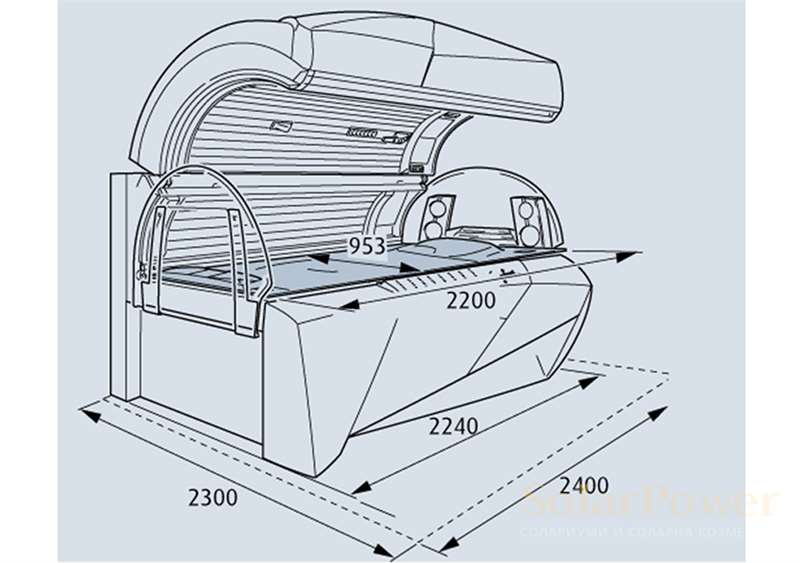 Солариум Ergoline Prestige 1100-S Dynamic Power, размери на солариум и кабина