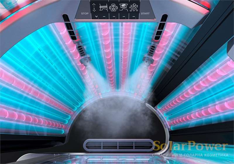 Солариум megaSun P9S е с Аква тонизираща водна мъгла и Арома за свеж аромат по време на тен сесиите