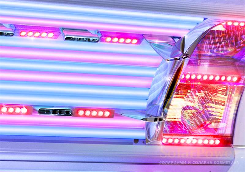 Солариум megaSun 7000 Alpha beautySun е оборудван с УВ лампи за тен, колатенови лампи за тен и грижа за кожата, колагенови лампи и бустери за грижа за кожата