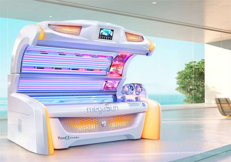 Солариум megaSun 7000 Alpha beautySun притежава модерен дизайн с емоционална LED технология, предлагаща множество различни цветови програми 