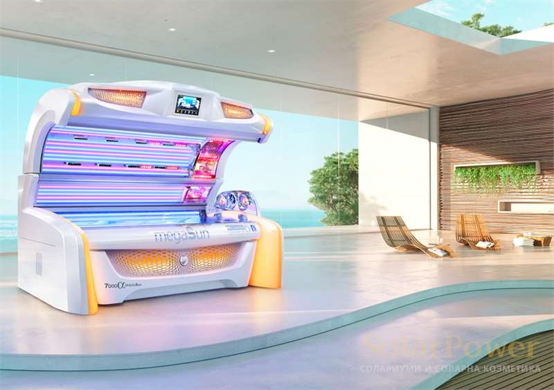 Солариум megaSun 7000 Alpha beautySun е серийно оборудван с музикална система, вграден MP3 плеър, автоматичен контрол на звука, музикална вибрация