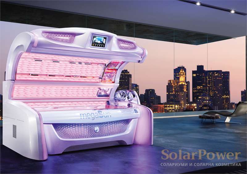 Солариум megaSun 7000 Alpha smartSun притежава модерен дизайн с емоционална LED технология, предлагаща множество различни цветови програми 