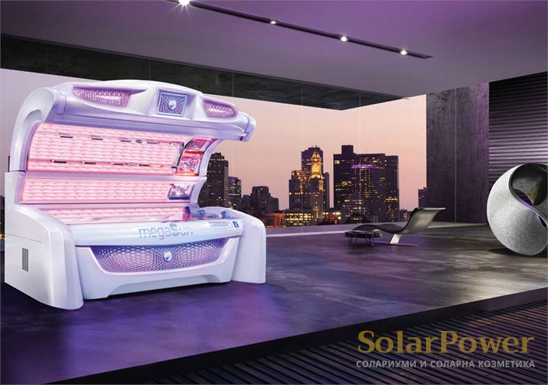 Солариум megaSun 7000 Alpha smartSun е серийно оборудван с климатик, контрол на вентилацията, гласова навигация, bluetooth и смартфон свързване