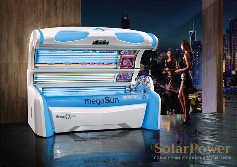 Солариум megaSun 6900 alpha deluxe intelliSun притежава модерен дизайн с емоционална LED технология, предлагаща множество различни цветови програми