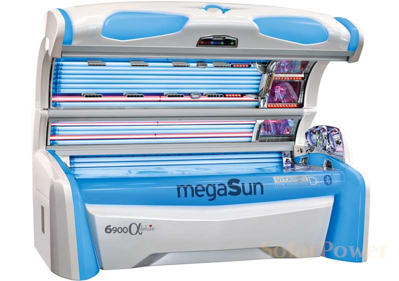 Солариум megaSun 6900 alpha deluxe intelliSun е серийно оборудван с контрол на вентилацията, гласова навигация, bluetooth и смартфон свързване