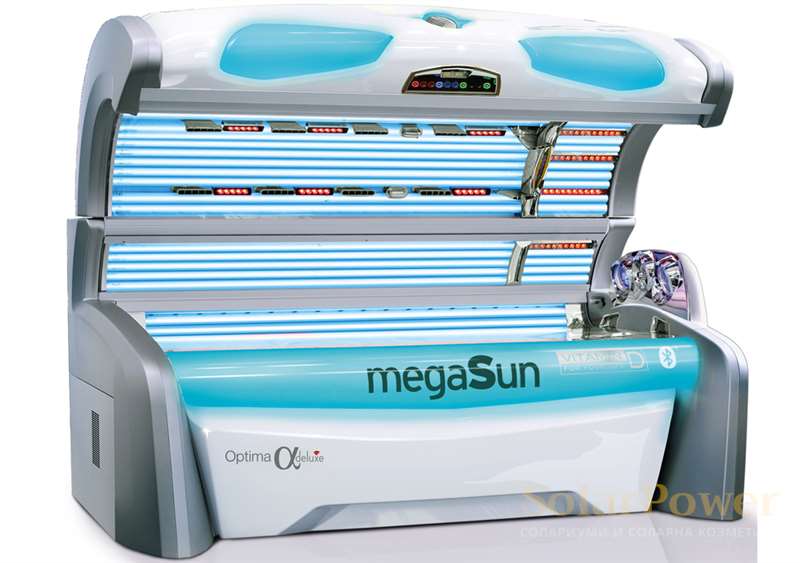 Солариум megaSun Optima Alpha Deluxe е оборудван със специални лампи с по-голяма дължина, които се използват едновременно за тен на тялото и на лицето
