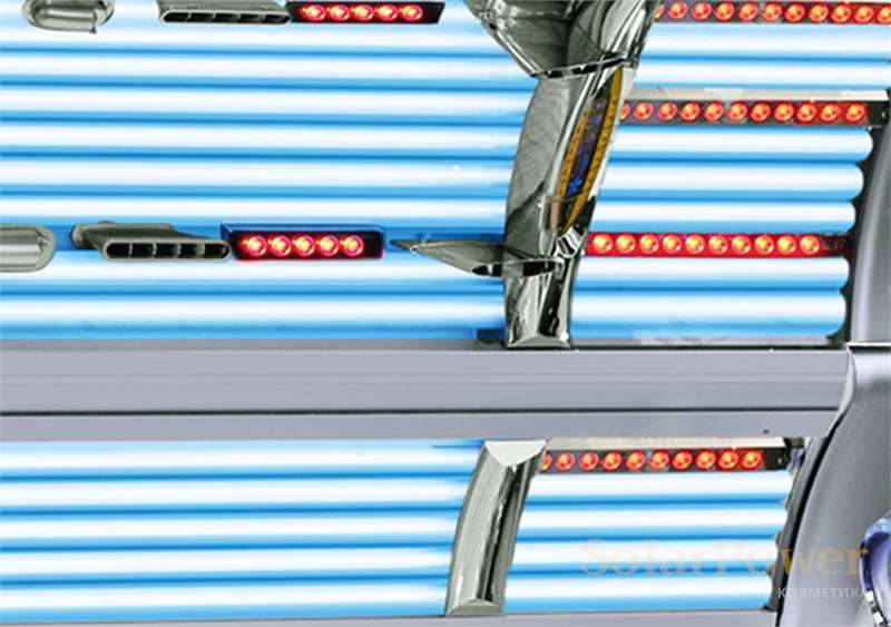 Солариум megaSun Optima Alpha Deluxe е оборудван с 90 Рубин колагенови бустери за грижа за кожата на лицето, деколтето и бедрата