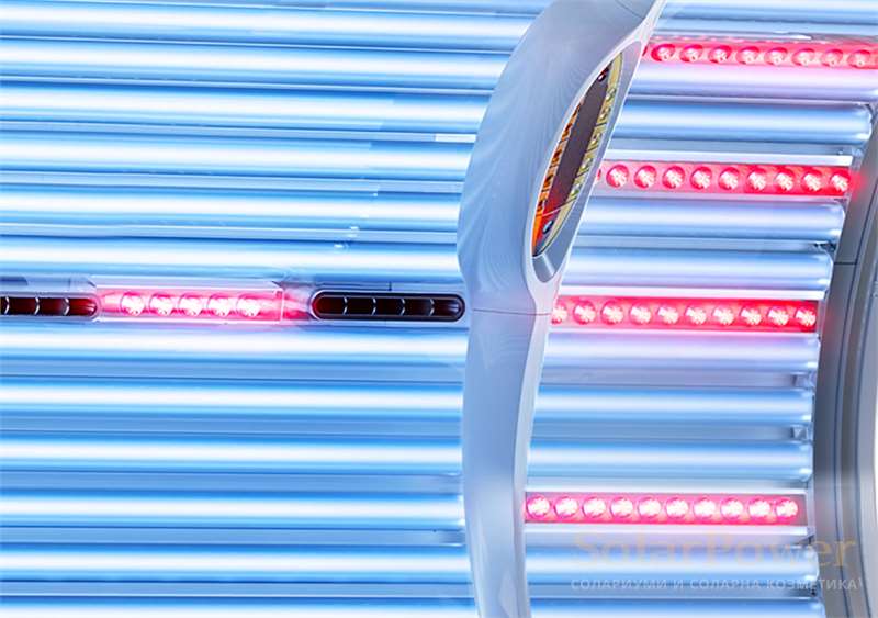 Солариум megaSun Optima Deluxe е оборудван с 90 Рубин колагенови бустери за грижа за кожата на лицето, деколтето и бедрата