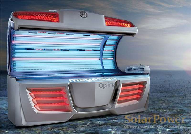Солариум megaSun Optima Deluxe притежава модерен дизайн с емоционална LED технология, предлагаща множество различни цветови програми 