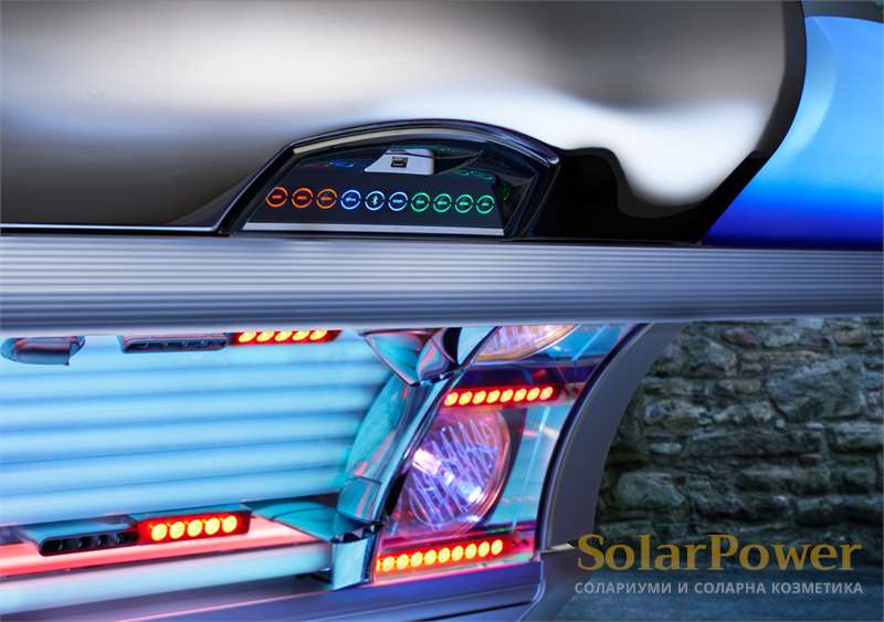 Солариум megaSun 7900 Alpha Deluxe е с 40 Beauty Рубин колагенови бустери за повишаване на хидратацията, ревитализация, релаксация и детоксикация на кожата