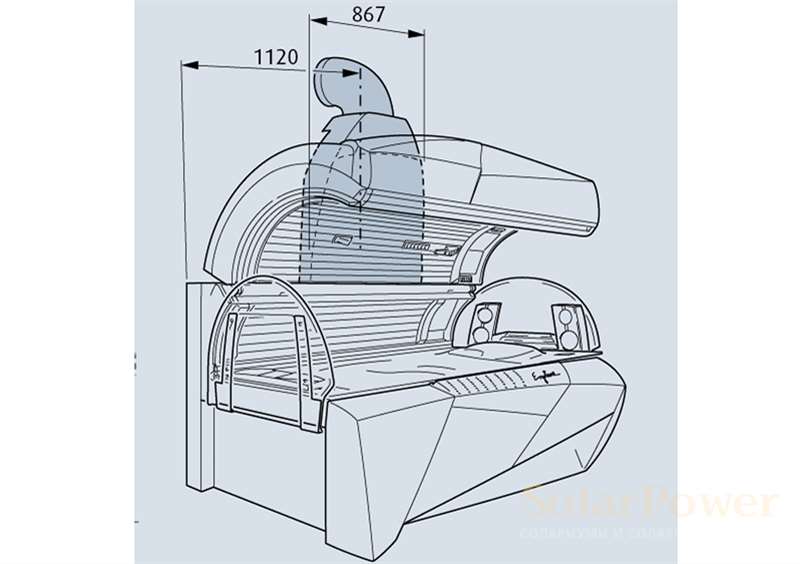 Солариум Ergoline Prestige 1100-S Dynamic Power, размери със система за извеждане на горещия въздух