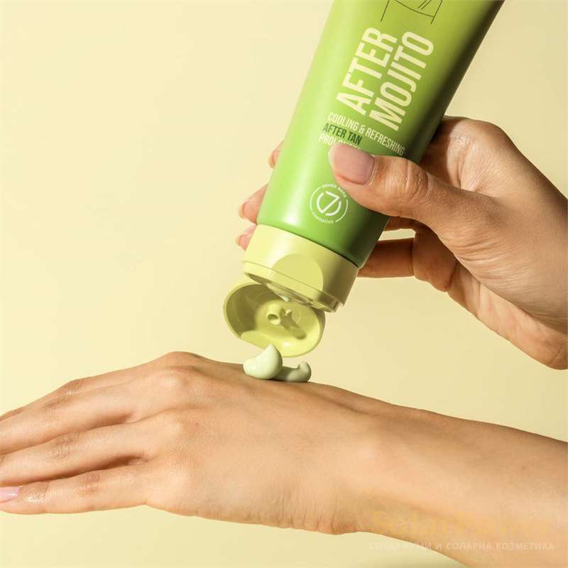 Лосион за след солариум After Mojito, козметика за след солариум от 7suns: пастелно-ментов цвят и аромат, който освежава и ревитализира